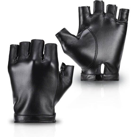 Men's Black PU Faux Leather Outdoor Sports Cosplay Costume Half Finger Gloves - Picture 1 of 8